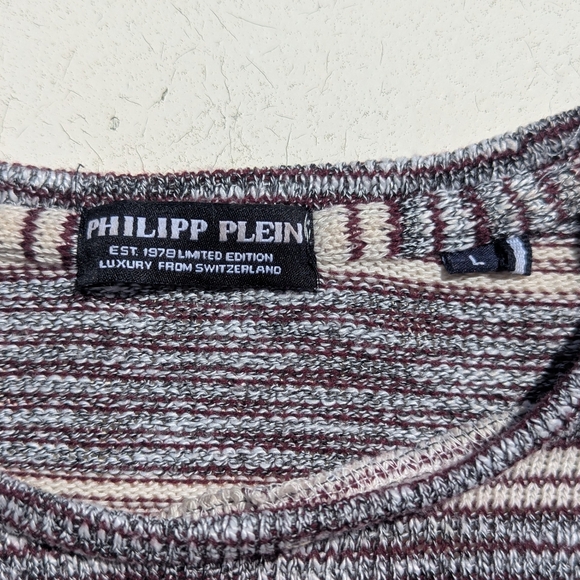 Philipp Plein | Logo Pullover Crewneck Sweater Striped Large B&W Cotton Vintage - Picture 9 of 11